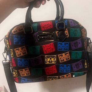 Loungefly Black and Red Satchel Bag with Patchwork Design